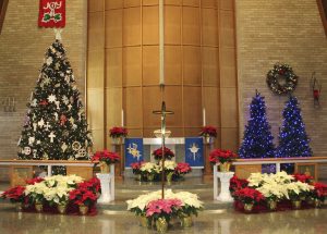 The Emmaus sanctuary decorated for Christmas
